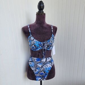 NWT Toluca Swim 2 Pc Angelica Blue Butterfly Bikini Top Bottoms High Waist Sz S